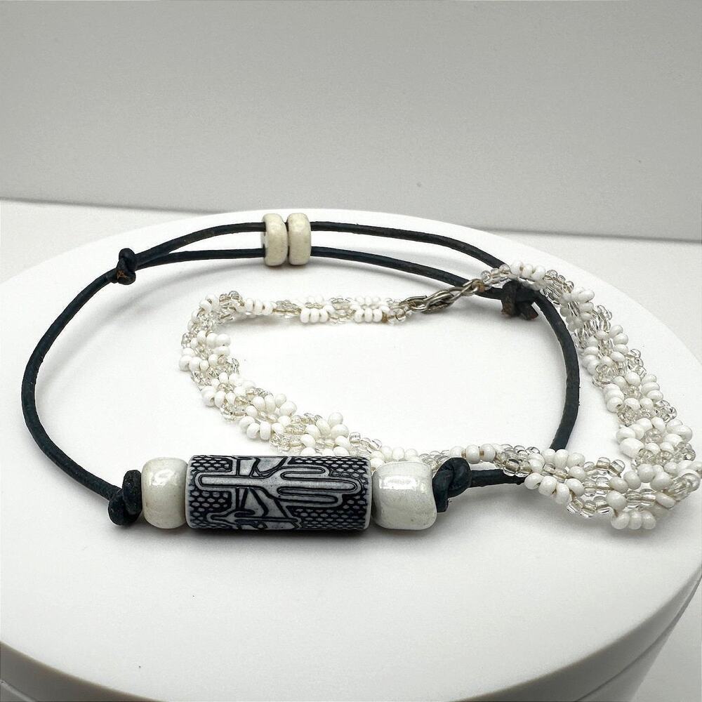 Vintage 90s Black Cord Tribal Ceramic Bead & White Daisy Chain Bracelets Jewelry